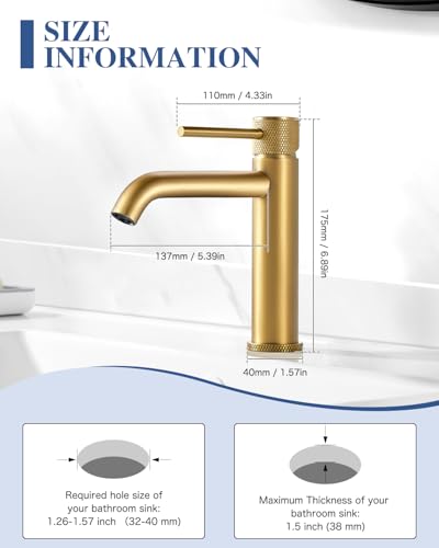 Wasserhahn Bad Waschtischarmatur Gold, Armatur Badezimmer mit Auslauf Höhe 105 mm, Einhebelarmatur Golden, Bad Mischbatterie Edelstahl