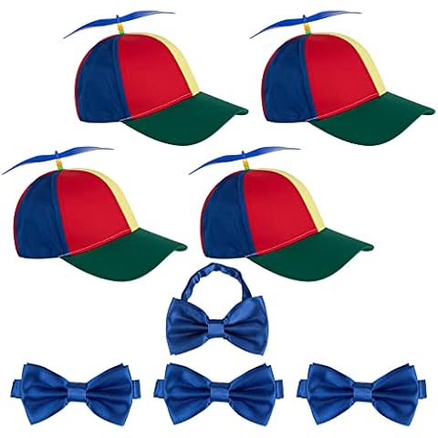 Framendino, 4 Pack Rainbow Propeller Hat Detachable Helicopter Top Cap Green Brim Baseball Hats with Adjustable Blue Bow Tie for Adult Costumes, Green Cover
