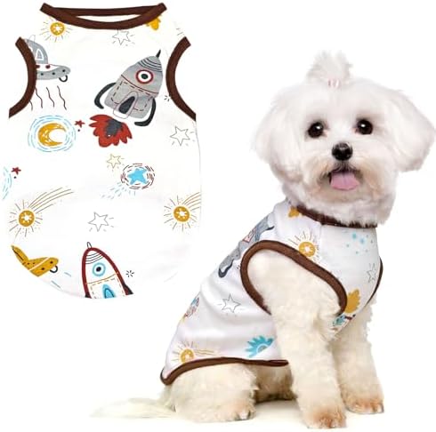 PETCARE Cartoon Dog Shirts for Small Dogs Cute Dog Clothes Brown Spaceship Tshirt Soft Cotton Puppy Pajamas Breathable Sleeveless Pet Tank Top Spring Summer Dogs Clothes for Chihuahua Yorkie Shih Tzu