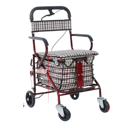 angoda高齢者用歩行補助器 軽量折りたたみ式 ブレーキ付き 高さ調整可能 シート付き 4 輪自在キャスター 大容量ショッピングカート機能 介護用 コンパクトファッショナブル 最大耐荷重 80kg 移動補助用 スーパー対応 (クラレット,ペダルなし)