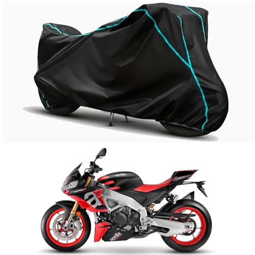 Image of Waterproof Bike Body Cover Compatible for | Aprilia Tuono V4 Factory | Taffeta Fabric, Sky Piping Design, Bottom Elastic Fit | Dustproof, Sun UV & Rain Protection for All Weather.