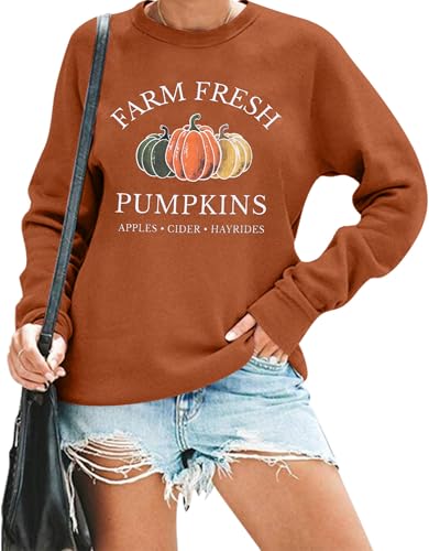 VILOVE Farm Fresh - Sudadera de Manga Larga para Mujer, diseño de Calabaza, Marrón, S