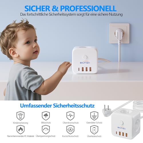 Bigfish 3 Fach Steckdosenleiste mit USB C, Mehrfachsteckdose mit 4 USB, Steckdosenwürfel mit 3 Meter Kabel, Mehrfachstecker mit Schalter für Büro & Zuhause