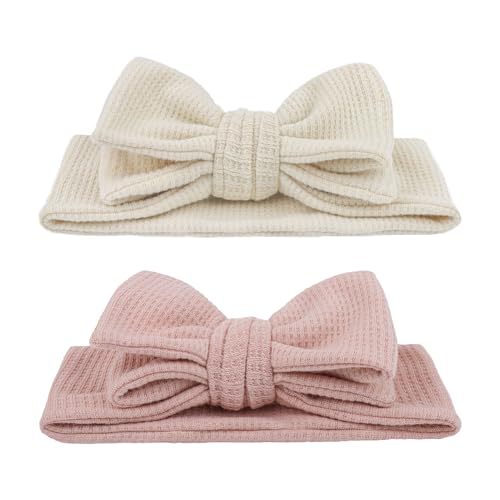 Image of YanJie Baby Girls Headbands & Bows - Stretchy Waffle Pink, Handmade, Toddler Hair Accessories