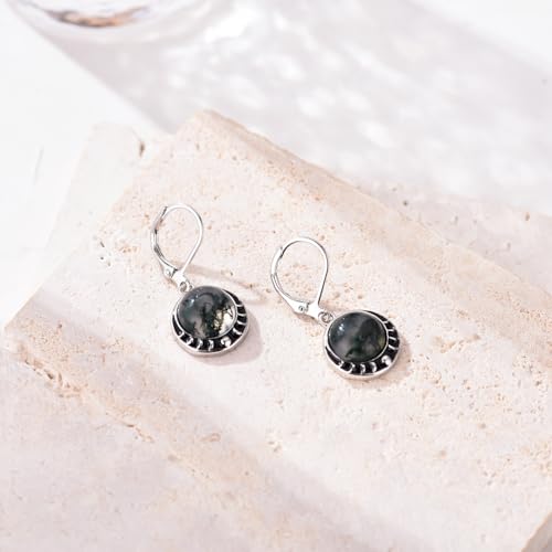 Moss Agate Earrings for Women Moon Phase Dangle Leverback Earrings Moon Jewelry Gift for Women4