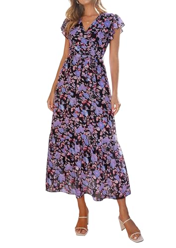 Image of PRETTYGARDEN Women's Summer Floral Boho Maxi Dress | Short Sleeve Wrap V Neck, Long Flowy Ruffle Dresses, Spring Wedding Guest Outfits for Beach Vacation, Resort Wear, Tea Party