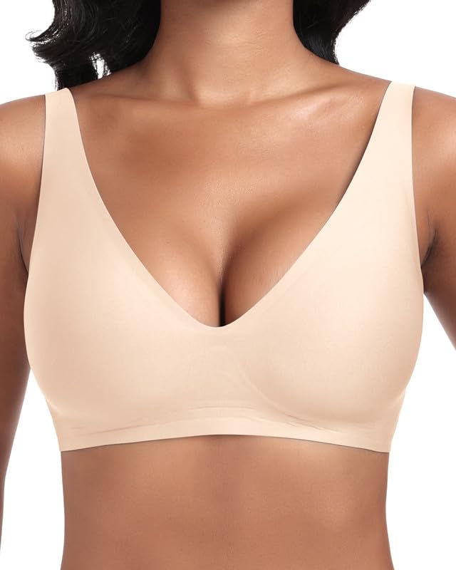Jiuday Tiefer V Push Up BH ohne Bügel for Damen Bequemer BH für Große Brüste Starker Halt Seamless Soft Bra Bügelloser Gepolstert Nahtloser Glatter Bralette