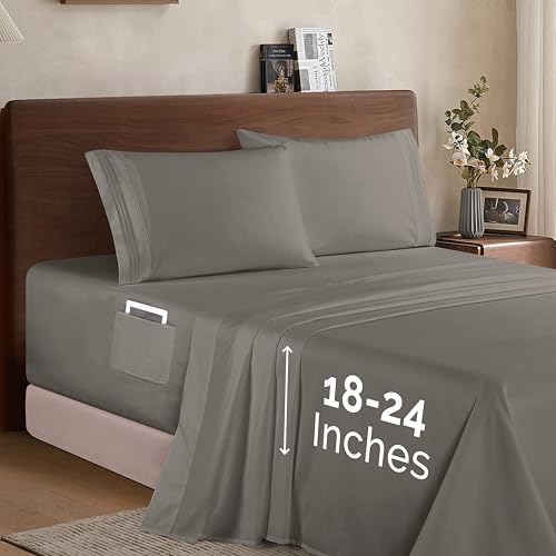 Elegant Comfort Luxury 1500 Premium Hotel Quality Microfiber 4-Piece Sheet Set - Soft, All Around Elastic 18-24 Inches Deep Fitted Sheet - Extra Deep Pocket Sheets, Twin/Twin XL, Grey
