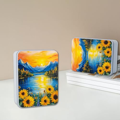 Image of Metal Tin Box with Lid,Multi-functional Storage Box Can Store Tea Biscuits Game Cards, Playing & Tarot Cards-Comes with 4 Magnetic Cord Clips,Sunset Mountain Lake
