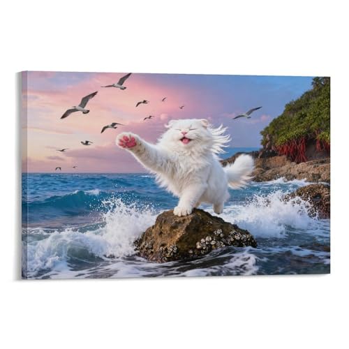 EMYXPAQM Stampa Su Tela White Cat Quadri Su Tela Di Coastal Rocks Decorazioni Per Camera Da Letto Regalo 08x12inch(20x30cm)