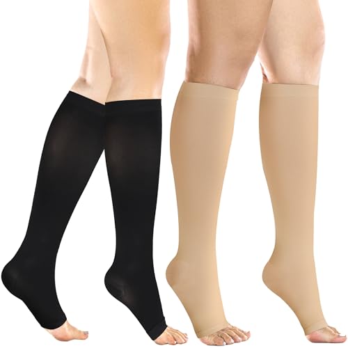 +MD 2 Pairs Compression Socks for Women & Men Medical Grade 20-30 mmHg, Open-Toe knee High Stocking, Support for edema, Varicose Veins, Nude/ Black, Large