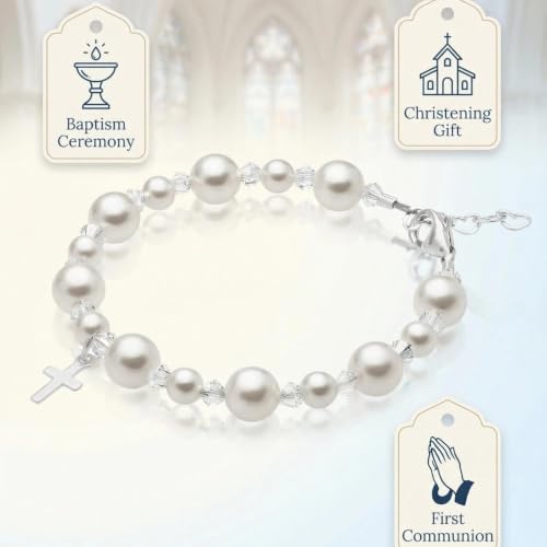 Image of Baby Crystals Sterling Silver Cross Charm | White Pearl Baptism Bracelet