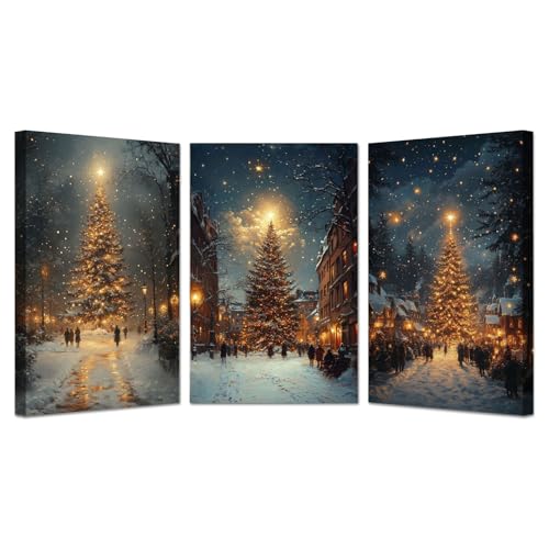 NEKAOEU(ネカオウ) 3枚セット クリスマス 絵画 クリスマスツリーの風景 キャンバスウォールアート プリント 冬の森の版画ワーク,ポスター キャンバス 装飾画 パネル, モダン リビング ベッドルーム 部屋飾り(ゴールド 6)-50x70cmx3