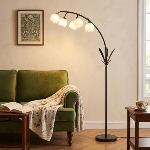 Image of HMVPL Black Floor Lamp for Living Room, Flower Floor Lamp with 5 G9 LED Bulbs, Foot Switch, Arc Standing Lamp with Acrylic Shade,Marble Base, Cute Tall Lamp for Living Room Corner Bedroom Reading Home