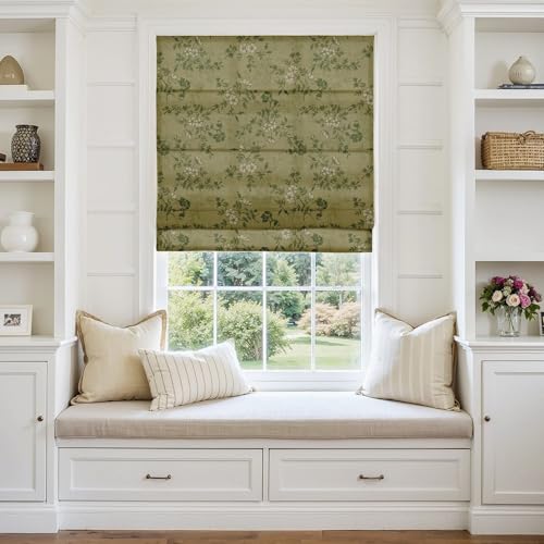 Image of TWOPAGES No Drill Cordless Vintage Floral Print Roman Shades Linen Textured Roman Blinds for Windows, Custom Made Room Darkening Light Filtering Roman Window Shades, Ivy Brown, 1 Piece