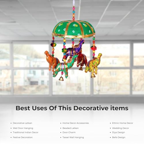 Image of Rajasthani Multicolor Elephants Jhoomer with Bell - Decorative Wind Chimes for Door & Wall Hanging, Ideal Home Decor & Gift Showpiece (Green)