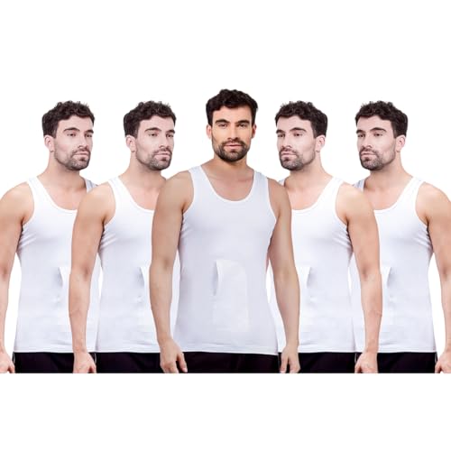 Amul Comfy Men's Cotton White Interlock-Fabric Sleeveless Vest with Pocket Pack of 5.