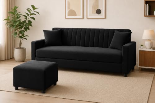 Image of Modern 3-Seater Velvet Sofa with Ottoman| Vertical Channel Tufted Backrest | Comfortable Living Room Sofa | Contemporary Furniture for Home, Bedroom & Office | Black