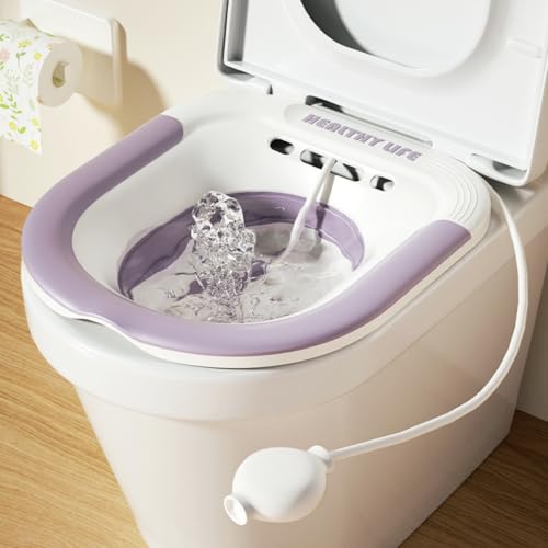 SKY-TOUCH Foldable Sitz Bath For Toilet Seat Sitz Bath for Hemorrhoids Postpartum Care Sits Bath Kit for Women Portable Steam Seat Bidet with Flusher Hose Drain Holes Wider Seating Area