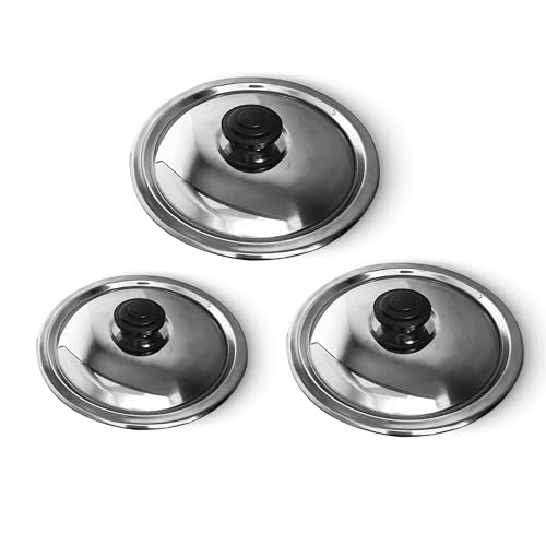 Image of Kitchen Expert Stainless Steel Lids For Utensils | Set Of 3 (16.5cm, 18cm & 19.5cm) | Suitable For Pots /Pan /Kadhai /Bowls | Multipurpose Lid With Knob | Sturdy Knob & Durable | Safe & Secure Grip