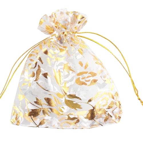 Image of QIANHAILIZZ 100 pcs 3.5 x 4.7 Inch Flower Heart Organza Jewelry Gift Pouch Candy Pouch Drawstring Wedding Favor Bags X92 (white gold flower)