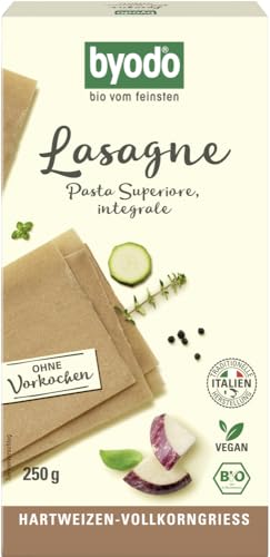 Byodo Bio Vollkorn Lasagne 250g - Traditionell gewalztes Pasta-Erlebnis aus italienischem Bio-Hartweizenvollkorngrieß, Vegan & Halal, Bronze-Matrizen, Kein Vorkochen nötig