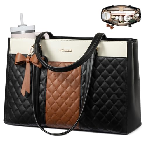 LOVEVOOK Laptop Tote Bag for Women,15.6 Inch Work Bags PU Leather Teacher Tote Bag,Waterproof Quilted Computer Bag for Office Professional Briefcase Gifts