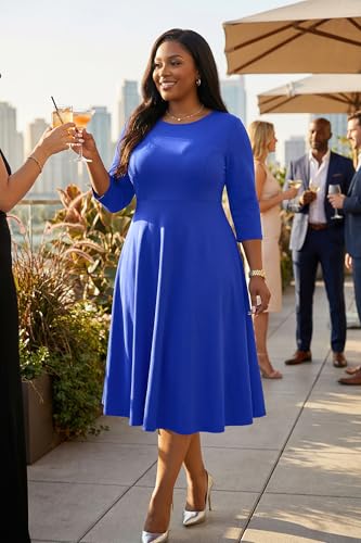 Image of Runwind Women's Plus Size Midi Dress Classy High Waist Wedding Guest Dress Casual Crew Neck 3 /4 Sleeve A-Line Swing Dresses