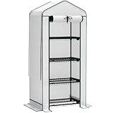 Outsunny 4 Tier Mini Greenhouse with Screen Roof, 27.6' x 19.7' x 62.2', Portable Small Greenhouse with High Strength PE Cover, Roll-Up Zipper Door for Garden Yard Backyard, White