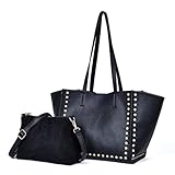 Shoulder Bag for Women, Vegan Leather Studded Bag, Large Capacity Trendy Tote Bag with Crossbody Purse 2Pcs Set for Office Work Travel Shopping, Black