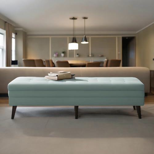 Image of Upholstered Storage Ottoman Bench for Bedroom & Living Room | 4 Ft Tufted End of Bed Bench with Hidden Storage | Long Sofa Bench Seating with Wooden Legs | Multipurpose Ottoman Bench Stool, Sky Blue