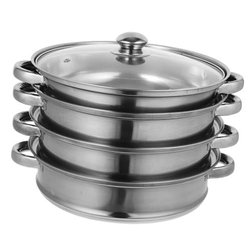 Hoement Stainless Steel 4 Layer Steamer Pot 28cm Extra Thick Multifunctional Steamer Lid Deep Cooking Stack for Steaming and Boiling Suitable for Gas Electric Grill Stove Top