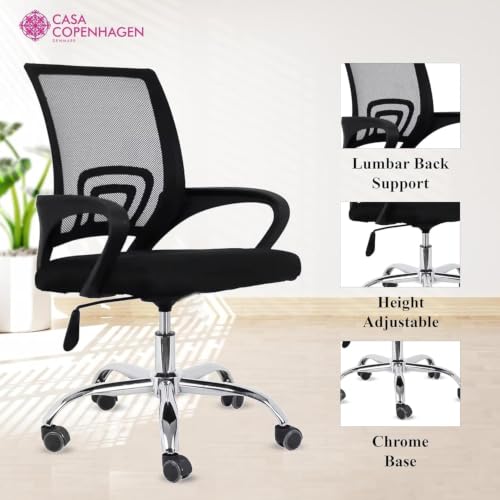Image of Casa Copenhagen Mesh Mid Back Office /Study /Computer /Revolving /Desk Chair for Work from Home -Metal Base, Height Adjustable Seat - Black & Black Handle