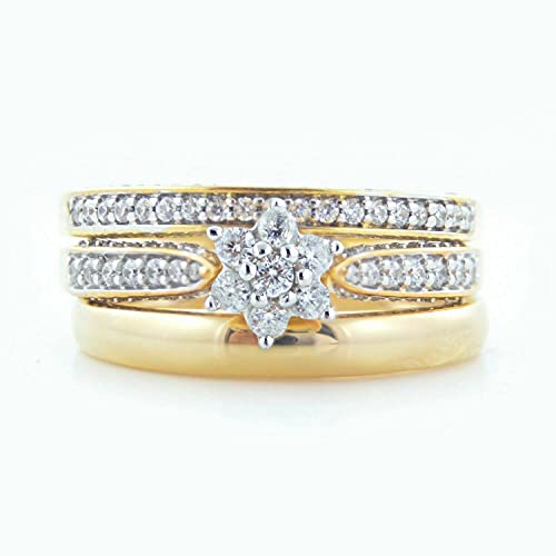14k Yellow Gold Fn Trio Ring Set His N Her Simulated Diamond Engagement Bridal Wedding set3