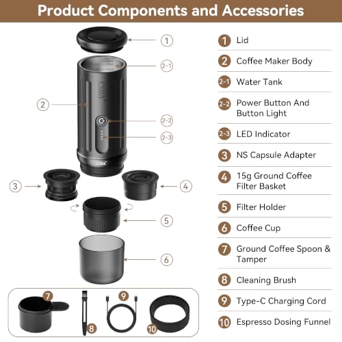 Image of CERA+ PCM03S Portable Espresso Machine, 13500mAh Self-Heating Coffee Maker