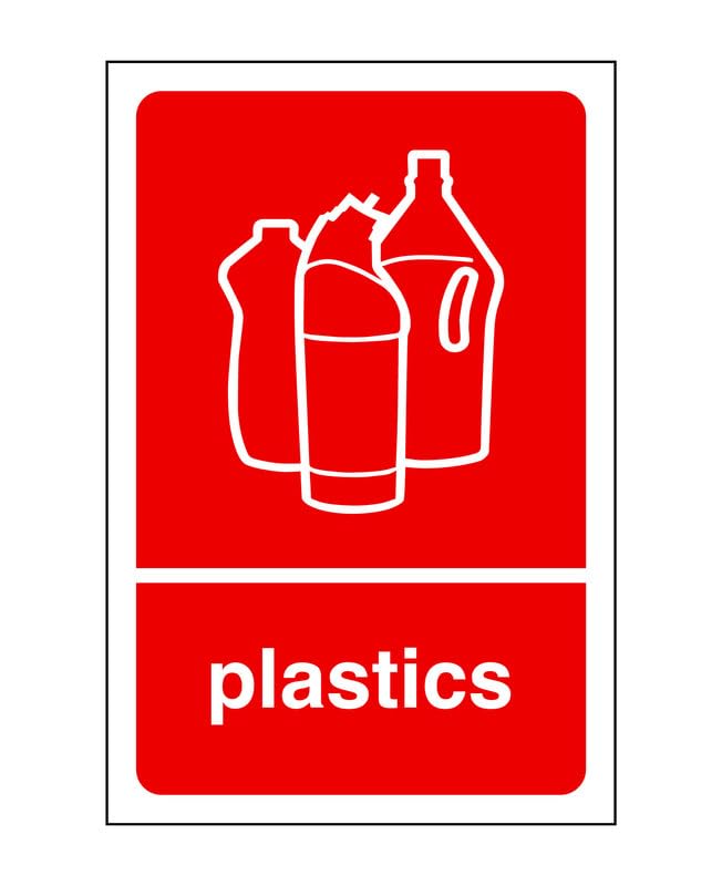 Plastic red recycling sign - safety signs(Pack of 100) - High tack self-adhesive sticker (150mm x 100mm) Viewing Distance within 3m.