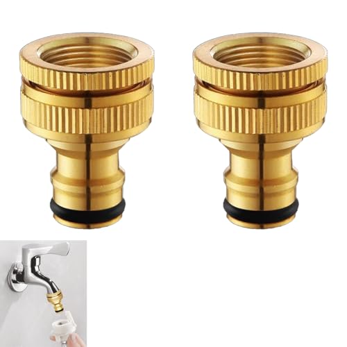 2 Pcs Brass Tap Hose Connector Garden Hose Pipe Connector Metal Outside Tap Hose Adapter Attachments 3/4 & 1/2 Inch 2-in-1 Threaded Connectors for Kitchen Faucet Outdoor Gardena Tool Hosepipe Fittings