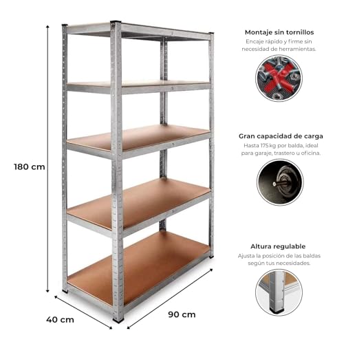 DASCK - Pack de 5 Estanterías Almacenaje Metálicas Galvanizadas 180x90x40 cm | 5 Baldas de MDF | 875kg de Carga | Estantería Industrial para Garaje, Trastero, Taller, Oficina, Almacén - imagen 3