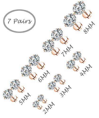 Tornito 7 Pairs 20G Stainless Steel Stud Earrings Round Cubic Zirconia Barbell Earring Set For Men Women 2MM-8MM Rose Gold Tone3