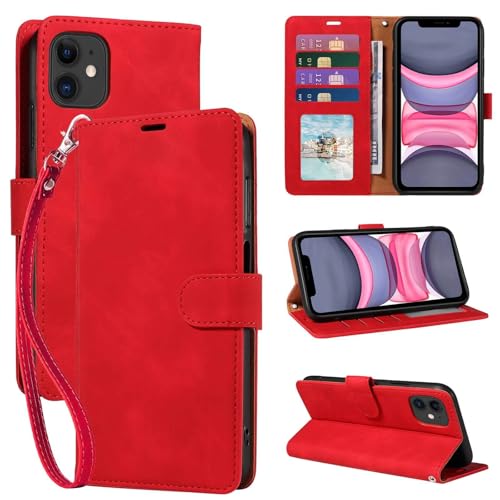 JHWVVTF for iPhone 11 Case Wallet [RFID Blocking 4 Card Slots] Phone Stand Wrist Strap Magnetic Closure Soft Leather Shockproof Protective Flip Cases Cover (Red)