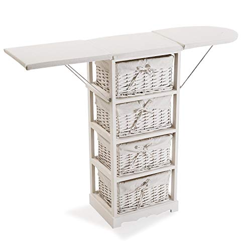 DRW Mueble planchador con alas abatibles y cestos de Mimbre Blanco 110x30x85 cm (Abierto)