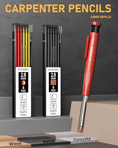 14 Pack Mechanical Carpenter Pencil Set with Sharpener 38 Refills, Automatic Center Punch, Carbide Scribe Tool, Eraser and Deep Hole Marker Pen, Heavy Duty Construction Pencil for Architect-With Pouch - Thumbnail 2