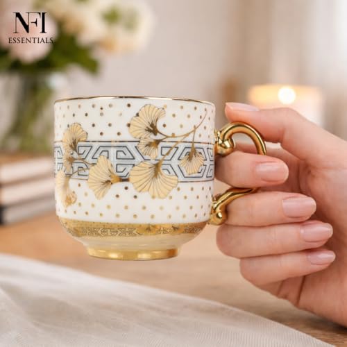 Image of NFI essentials Ceramic Cup & Saucer Set of 6 Pcs, Tea /Coffee Cup, Microwave & Dishwasher Safe, Premium Mug Perfect for Daily Use, Office, Gifting Elegant Golden Color Design 200ML
