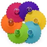 QUUPY 8PCS 11CM/4.3in Sealed and Leak-proof Silicone Glass Cup Cover Cute Flowers Shape Coffee Anti-dust Beverages Lids with PVC Transparent Diamond (Color Random)