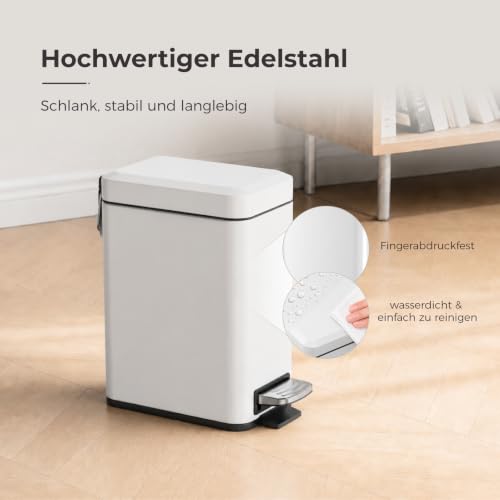 Image of Sineng Bathroom Trash Can with Lid Soft Close, 1.6 Gallon Stainless Steel Small Pedal Garbage Can with Removable Inner Bucket, Waste Bin for Kitchen Bedroom, Compact Toilet Trash Bin, White