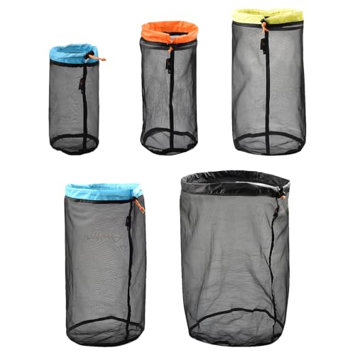 5PCS Mesh Stuff Sacks, Small to XXL Large Ultralight Mesh Laundry Bags Drawstring Mesh Storager Set for Outdoor Travelling Hiking Camping