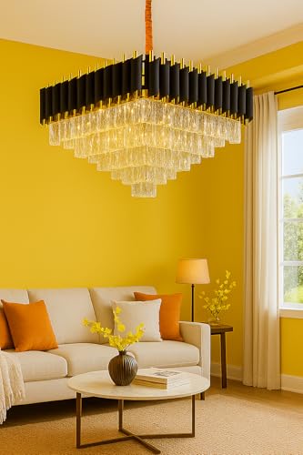 Image of TRIXY Chandeliers Lights for Ceiling Black Gold Square Crystal Ceiling Pendant Light Lamp | 4 Tier, K9 Crystal 500mm Elegant Pendant Jhoomar Lamp for Bedroom, Living Room Interior Lighting Decor