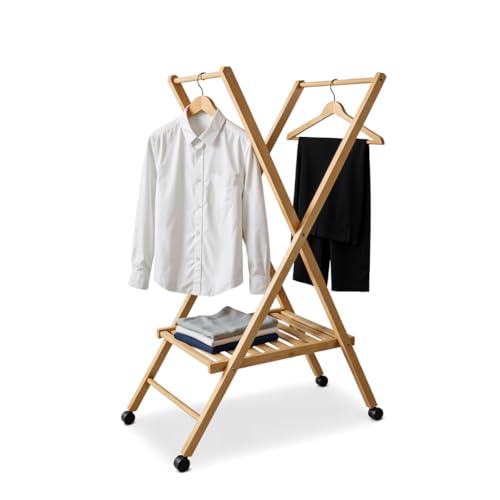 Mottiwood STIRA & APPENDI, Carrello Appendiabiti, Pieghevole e Salvaspazio, 100% Legno Faggio, Ruote Multi direzionali, 62,49x122hcm, Omino Appendiabiti, Made in Italy