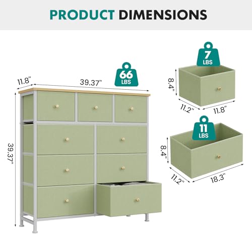 Image of OLIXIS 9 Drawer Tall Dresser for Bedroom, Closet Organizers and Storage | Fabric Dresser with Wooden Top, Chest of Drawers for Clothes Storage, Tower Cabinet, Furniture, TV Stand, Light Green