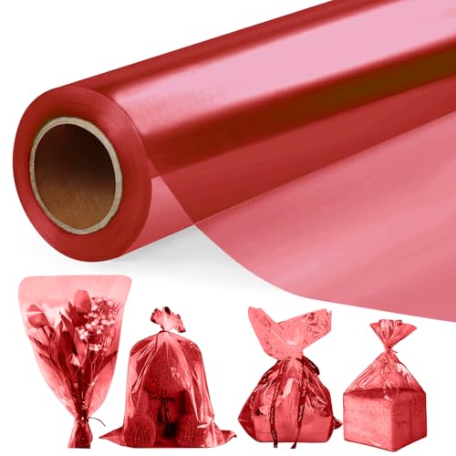 43 CM x 30 M Rojo Papel Celofán Transparente, 3 Mil Grosor Celofan Transparente Impermeable Papel de Regalo para Cesta, Acetato para Envolver Regalos, Flores